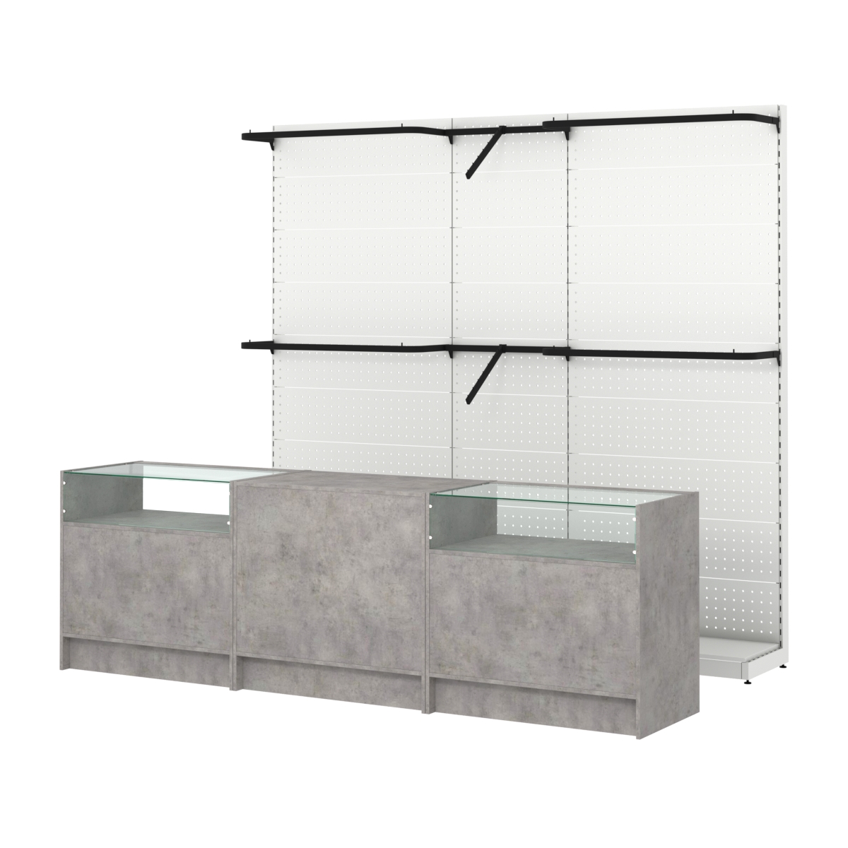 Комплект стеллажей с комбо поручнями и прилавков ЭК-2 для торговли одеждой №9 Бетон Чикаго светло-серый F186 ST9