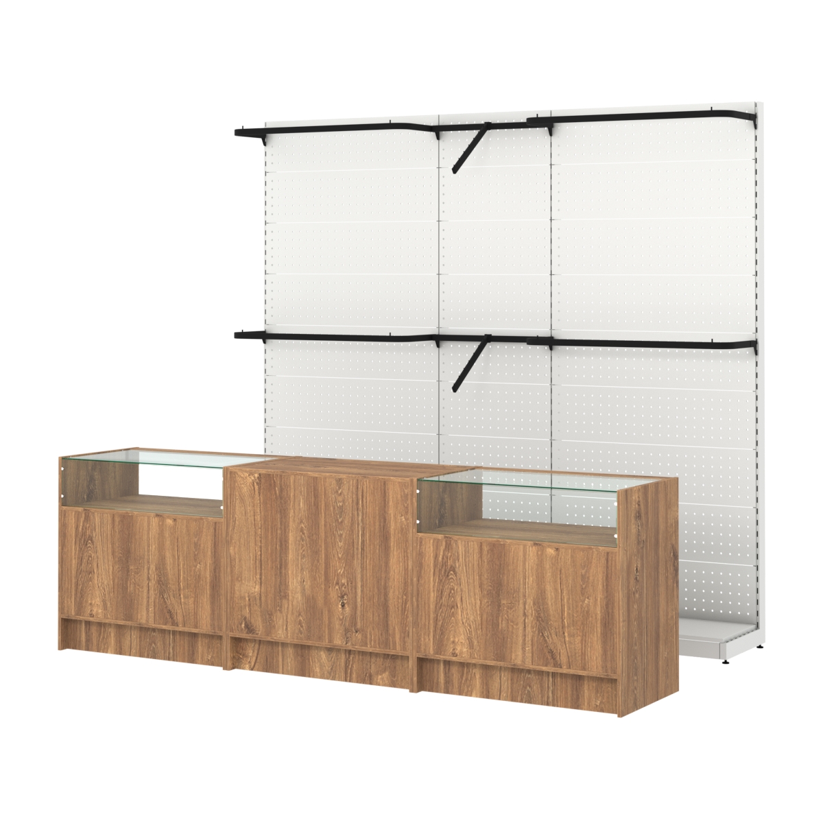 Комплект стеллажей с комбо поручнями и прилавков ЭК-2 для торговли одеждой №9 Дуб Канзас коричневый