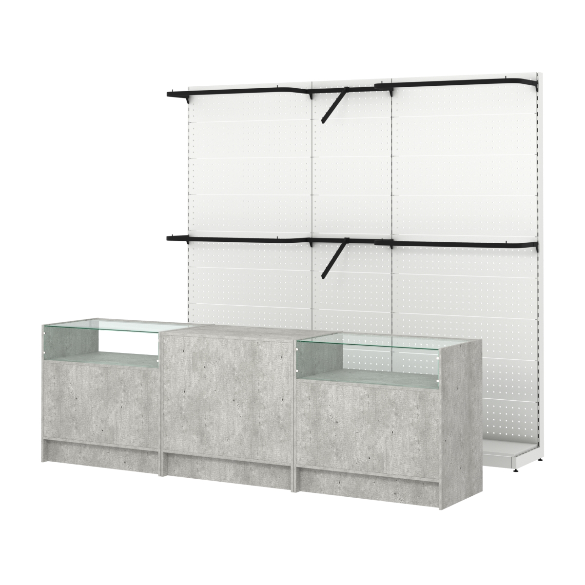 Комплект стеллажей с комбо поручнями и прилавков ЭК-2 для торговли одеждой №9 Метрополитан Грей