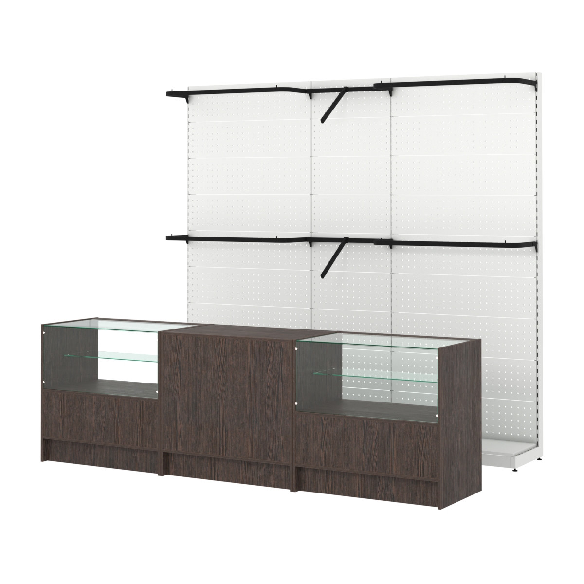 Комплект стеллажей с комбо поручнями и прилавков ЭК-3 для торговли одеждой №10 Дуб Венге