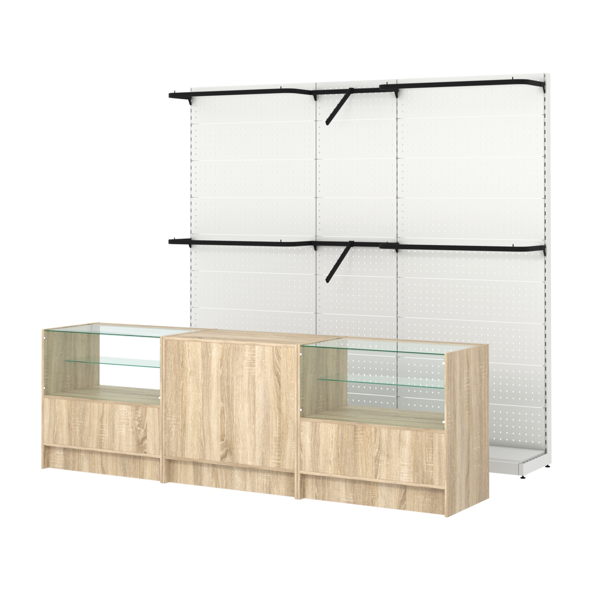 Комплект стеллажей с комбо поручнями и прилавков ЭК-3 для торговли одеждой №10 Дуб сонома