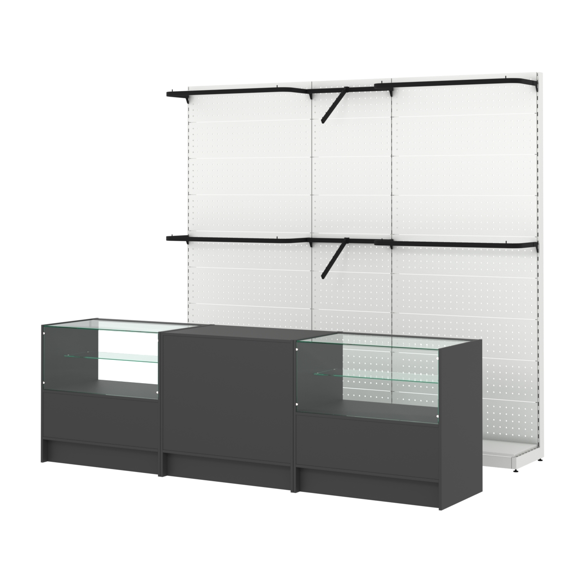 Комплект стеллажей с комбо поручнями и прилавков ЭК-3 для торговли одеждой №10 Черный