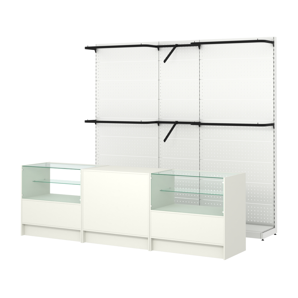 Комплект стеллажей с комбо поручнями и прилавков ЭК-3 для торговли одеждой №10 Белый