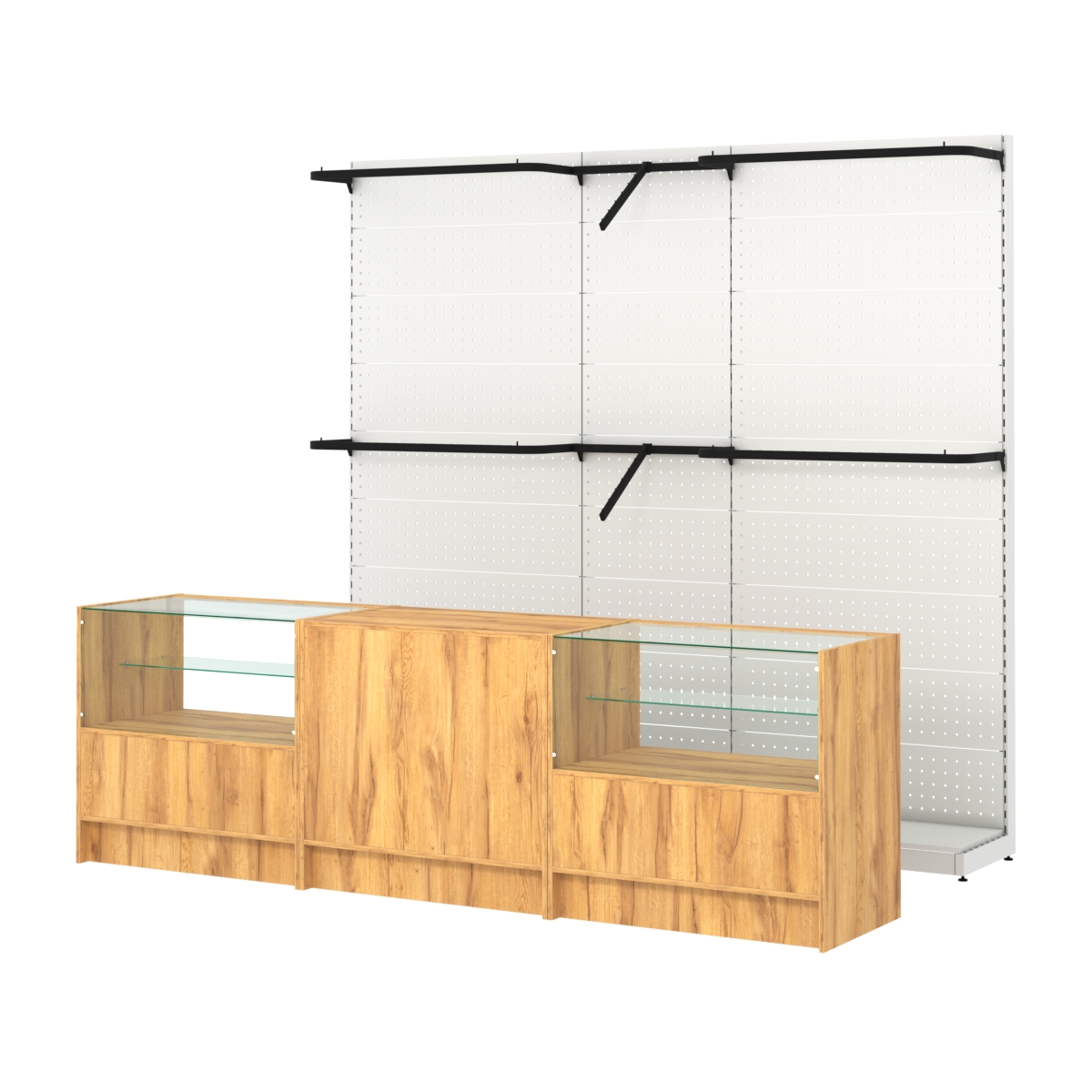 Комплект стеллажей с комбо поручнями и прилавков ЭК-3 для торговли одеждой №10 Дуб Золотистый