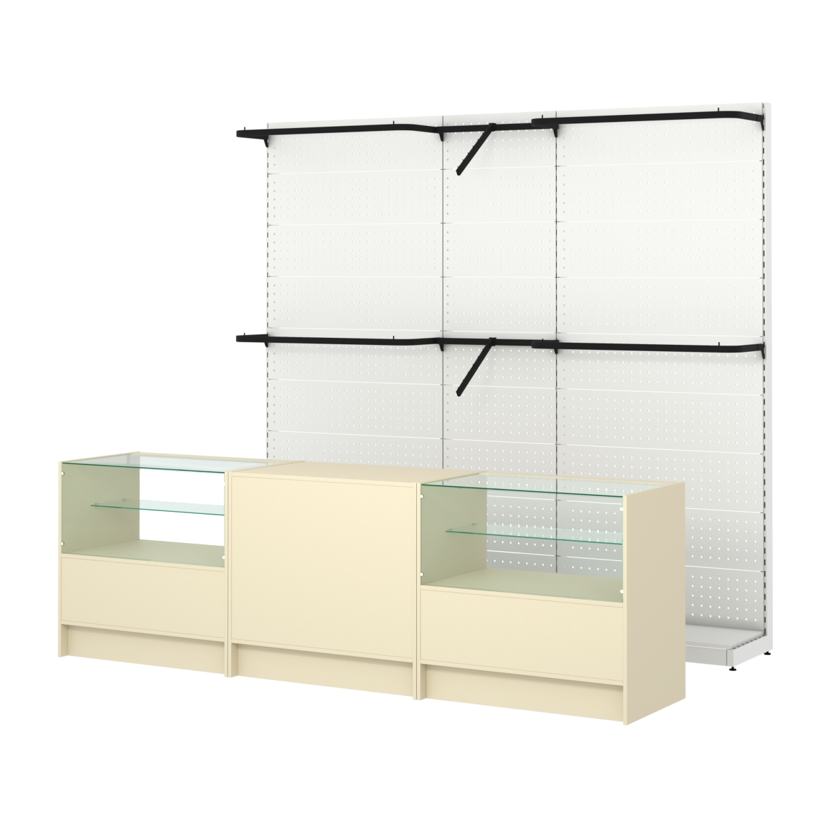 Комплект стеллажей с комбо поручнями и прилавков ЭК-3 для торговли одеждой №10 Крем Вайс