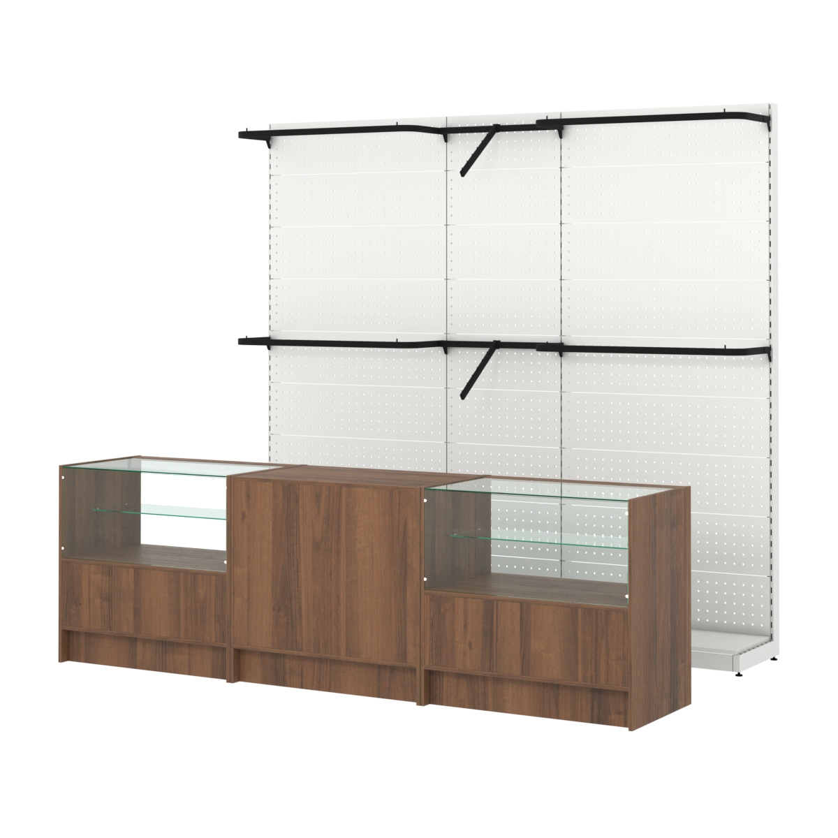 Комплект стеллажей с комбо поручнями и прилавков ЭК-3 для торговли одеждой №10 Орех