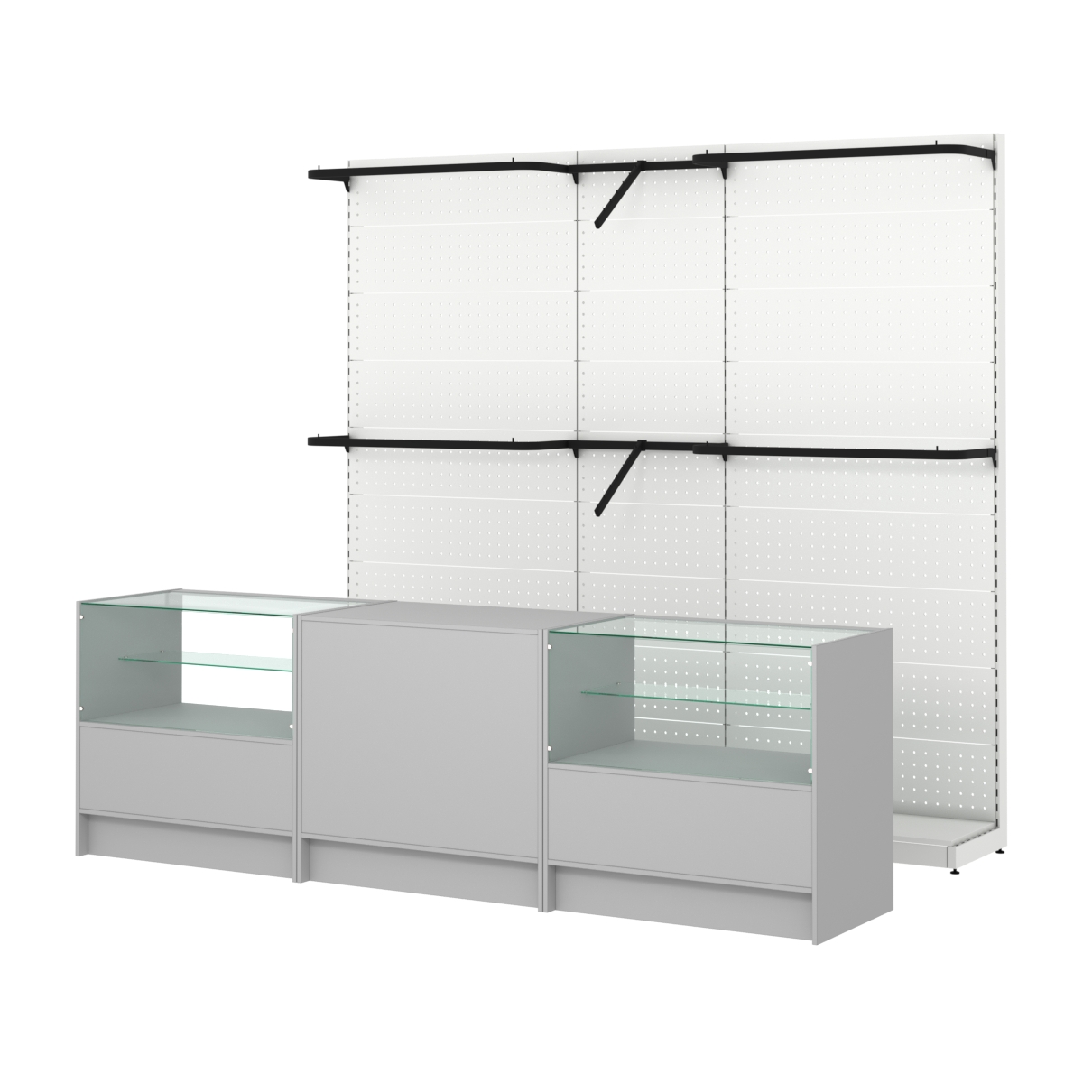 Комплект стеллажей с комбо поручнями и прилавков ЭК-3 для торговли одеждой №10 Серый