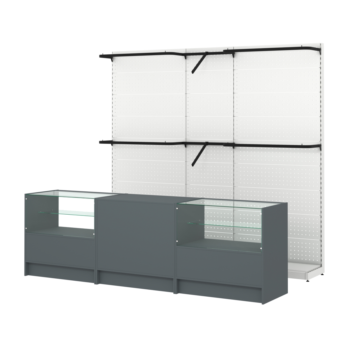 Комплект стеллажей с комбо поручнями и прилавков ЭК-3 для торговли одеждой №10 Темно-Серый