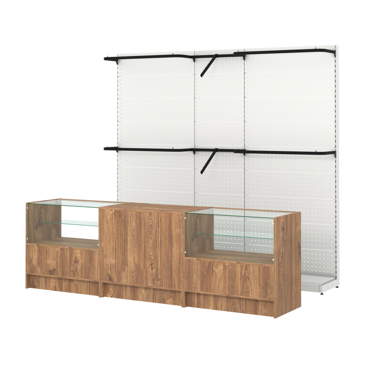 Комплект стеллажей с комбо поручнями и прилавков ЭК-3 для торговли одеждой №10 Дуб Канзас коричневый