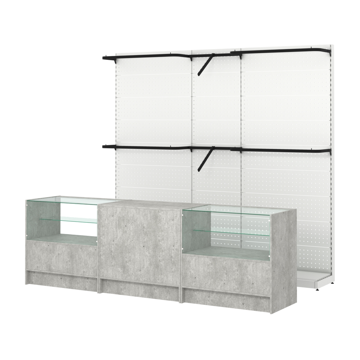 Комплект стеллажей с комбо поручнями и прилавков ЭК-3 для торговли одеждой №10 Метрополитан Грей