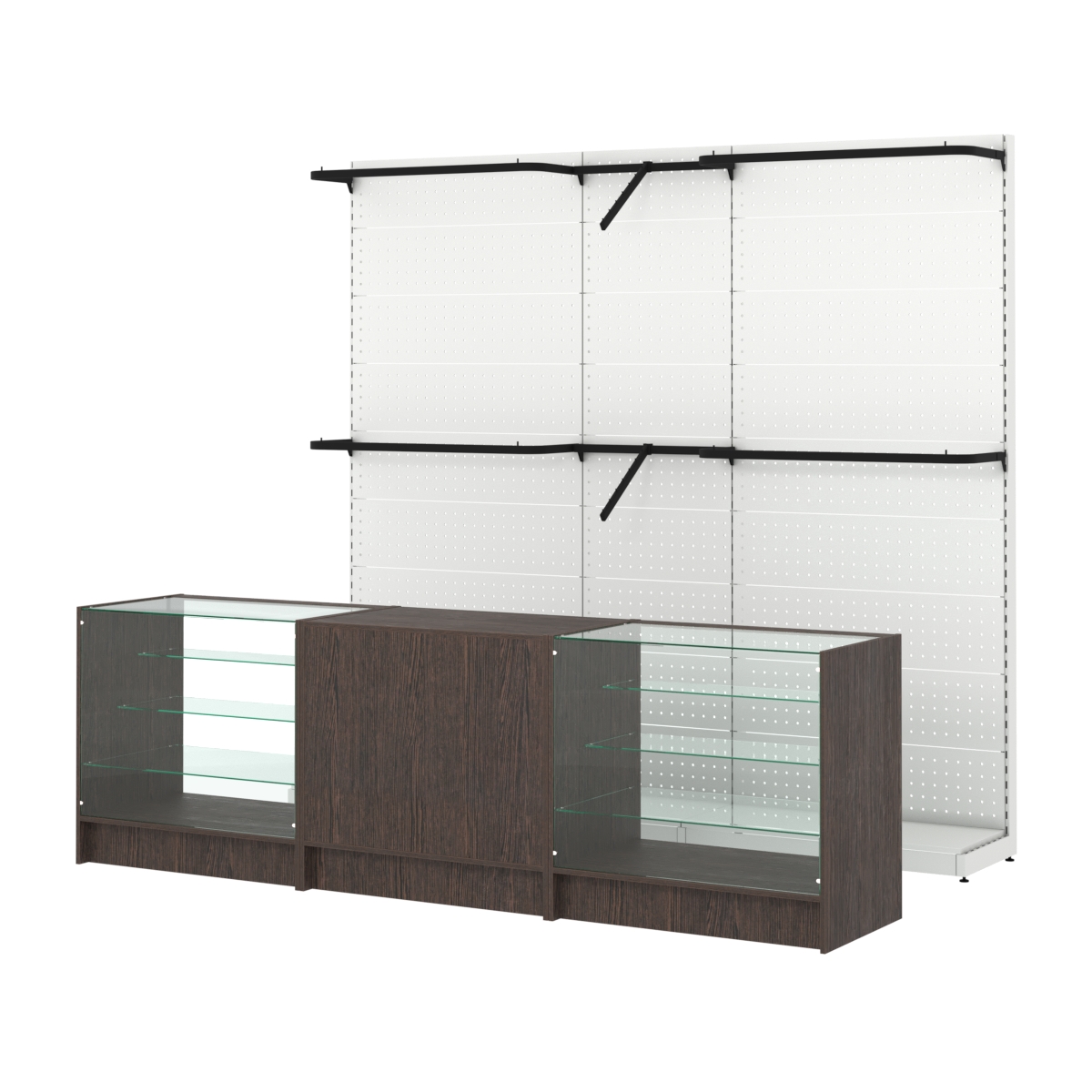 Комплект стеллажей с комбо поручнями и прилавков ЭК-4 для торговли одеждой №11 Дуб Венге