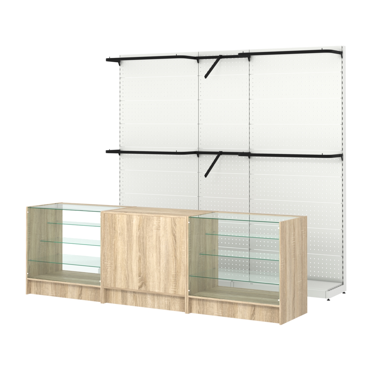 Комплект стеллажей с комбо поручнями и прилавков ЭК-4 для торговли одеждой №11 Дуб сонома