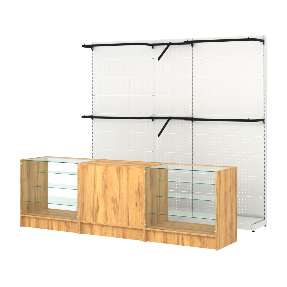 Комплект стеллажей с комбо поручнями и прилавков ЭК-4 для торговли одеждой №11 Дуб Золотистый