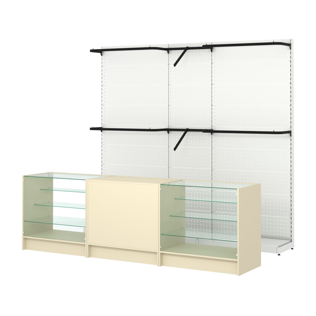 Комплект стеллажей с комбо поручнями и прилавков ЭК-4 для торговли одеждой №11 Крем Вайс