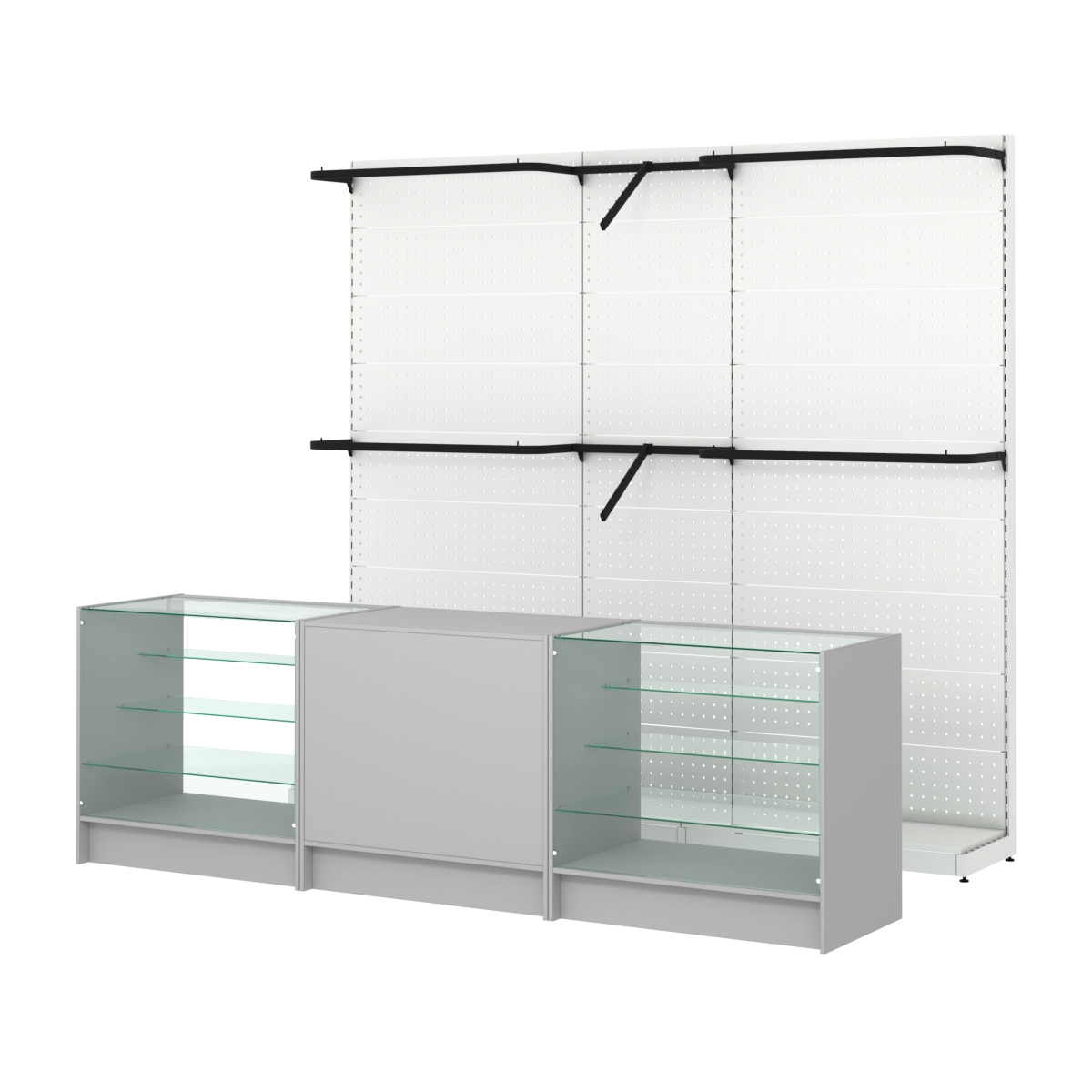 Комплект стеллажей с комбо поручнями и прилавков ЭК-4 для торговли одеждой №11 Серый