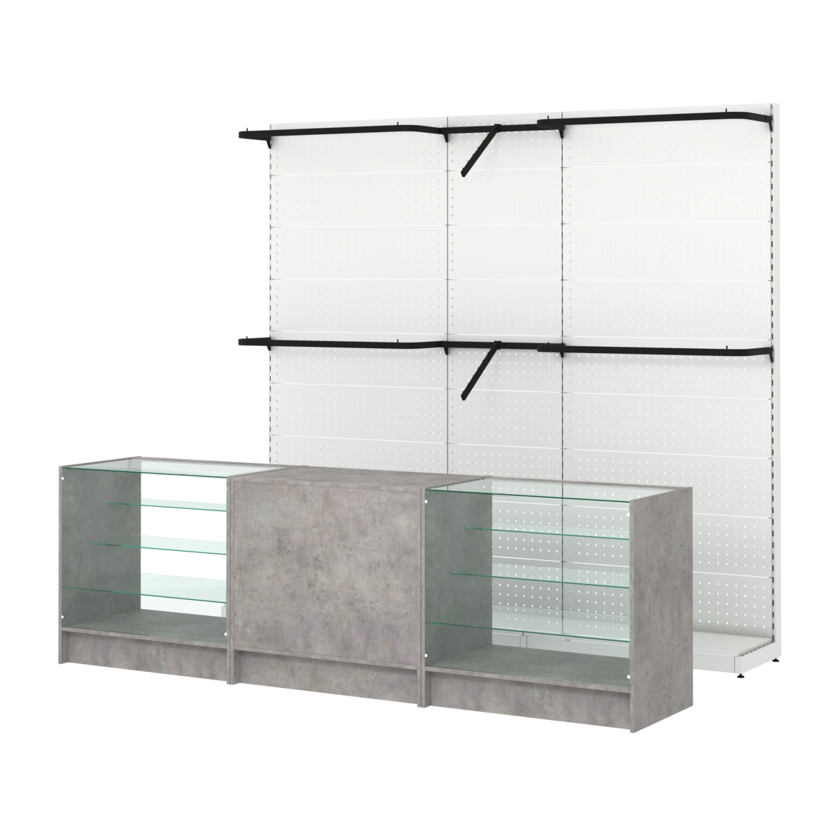 Комплект стеллажей с комбо поручнями и прилавков ЭК-4 для торговли одеждой №11 Бетон Чикаго светло-серый F186 ST9