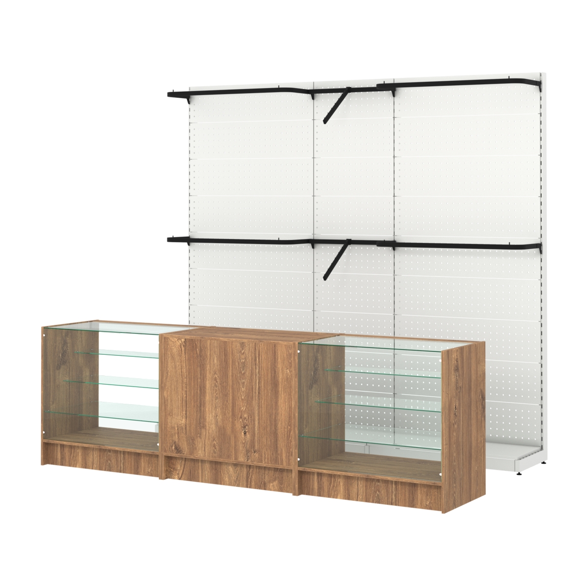 Комплект стеллажей с комбо поручнями и прилавков ЭК-4 для торговли одеждой №11 Дуб Канзас коричневый