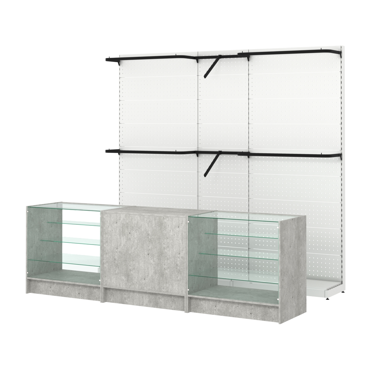 Комплект стеллажей с комбо поручнями и прилавков ЭК-4 для торговли одеждой №11 Метрополитан Грей