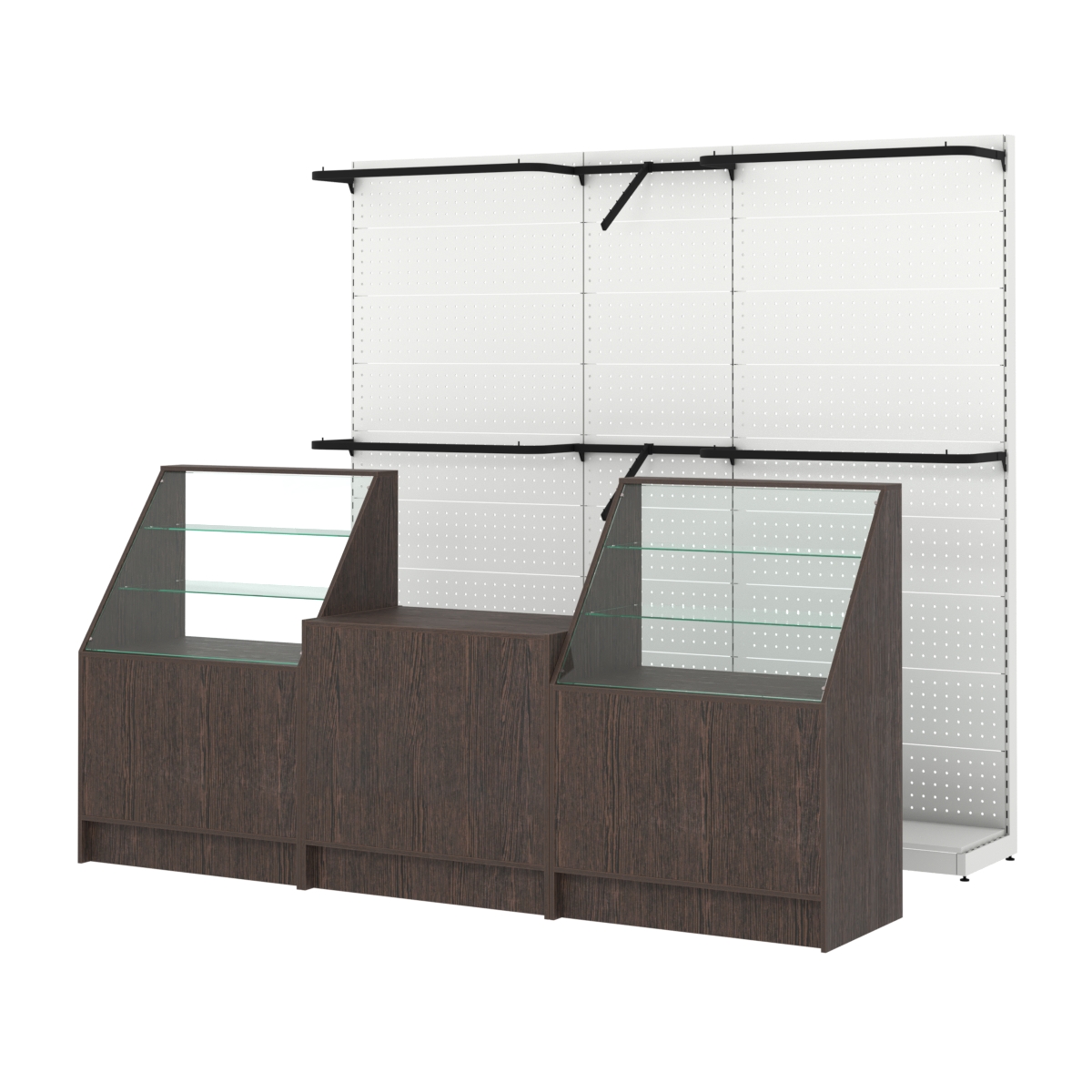 Комплект стеллажей с комбо поручнями и прилавков ЭК-7 для торговли одеждой №12 Дуб Венге