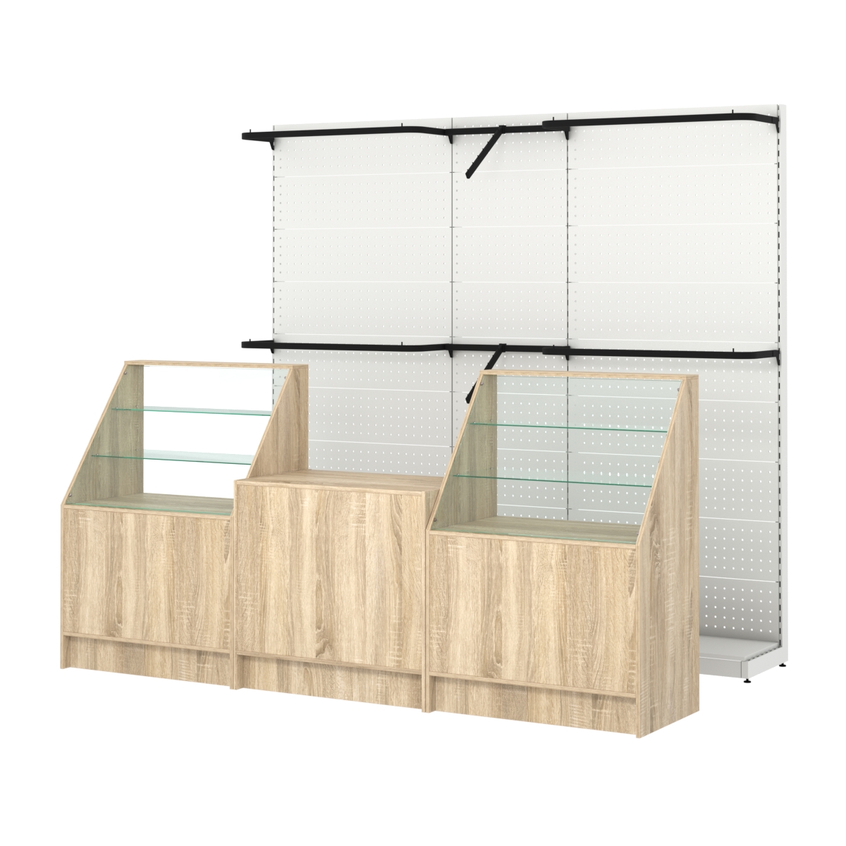 Комплект стеллажей с комбо поручнями и прилавков ЭК-7 для торговли одеждой №12 Дуб сонома