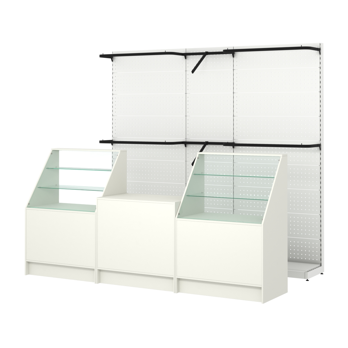 Комплект стеллажей с комбо поручнями и прилавков ЭК-7 для торговли одеждой №12 Белый