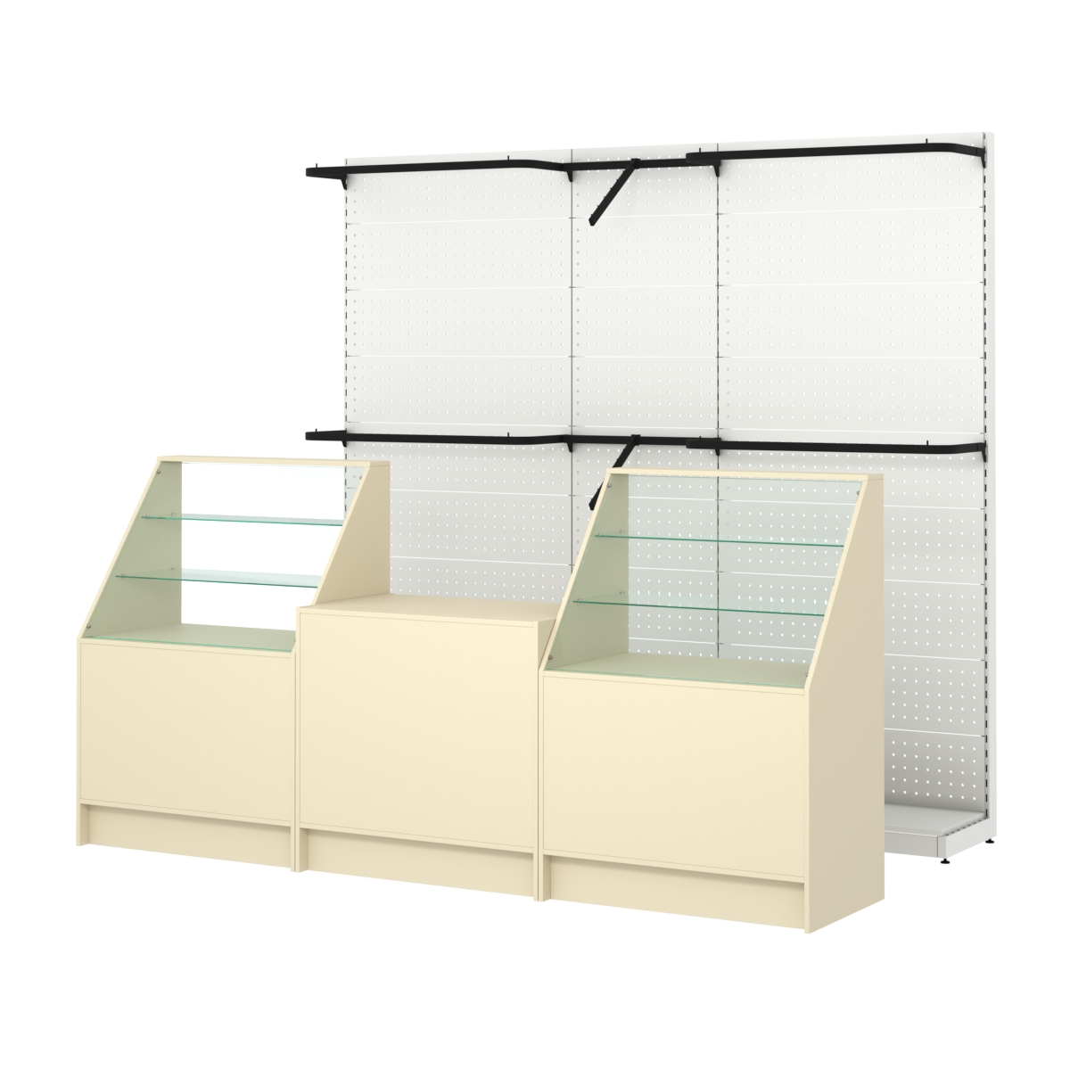 Комплект стеллажей с комбо поручнями и прилавков ЭК-7 для торговли одеждой №12 Крем Вайс