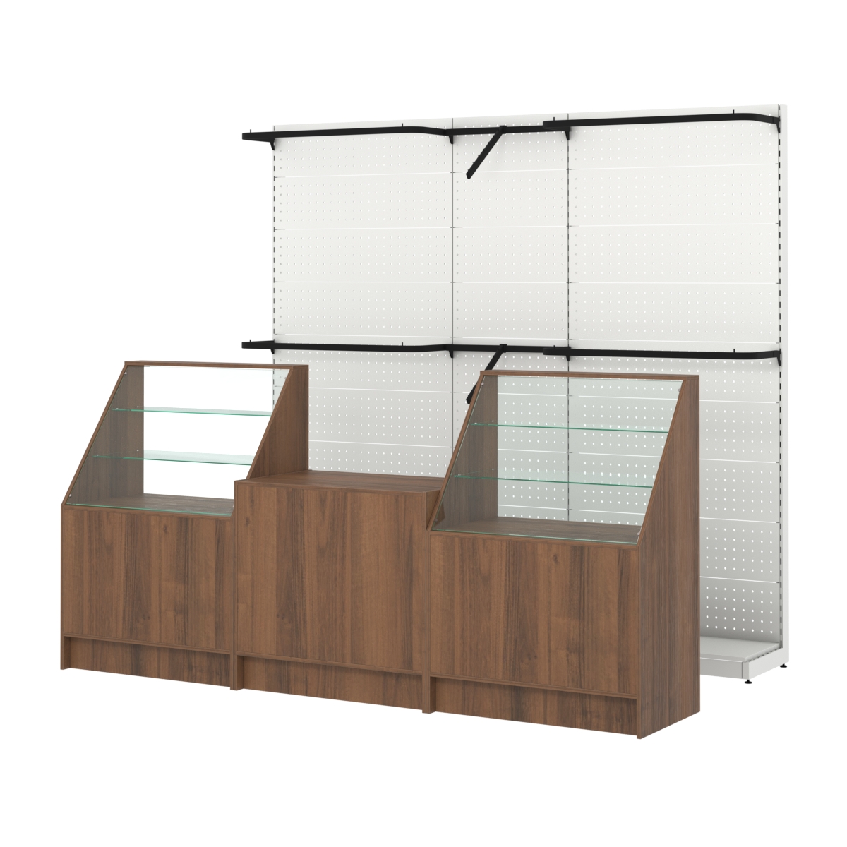 Комплект стеллажей с комбо поручнями и прилавков ЭК-7 для торговли одеждой №12 Орех