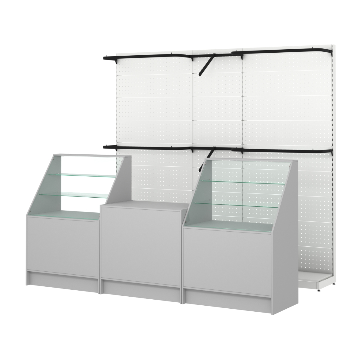 Комплект стеллажей с комбо поручнями и прилавков ЭК-7 для торговли одеждой №12 Серый