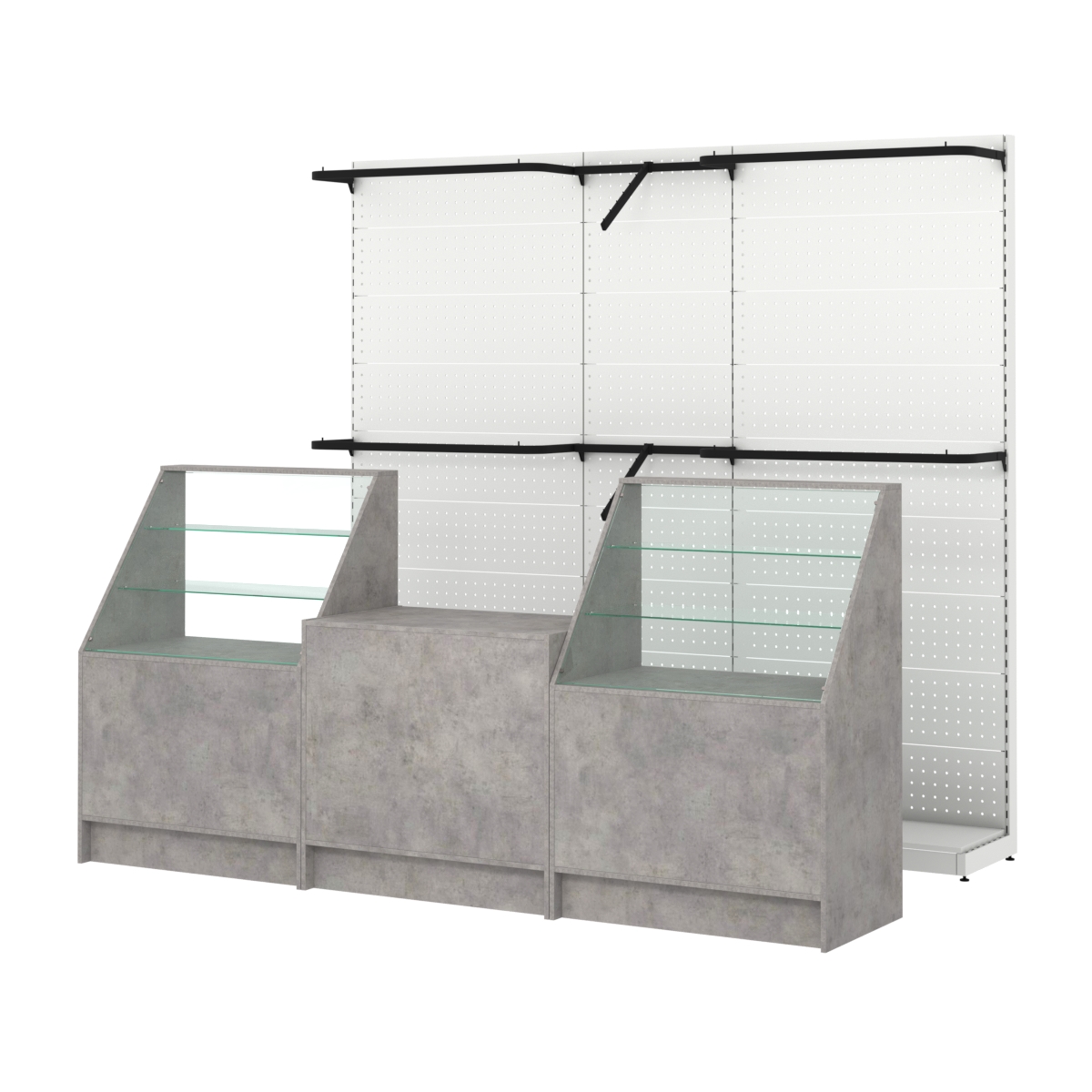 Комплект стеллажей с комбо поручнями и прилавков ЭК-7 для торговли одеждой №12 Бетон Чикаго светло-серый F186 ST9