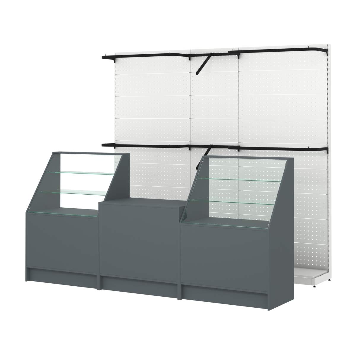 Комплект стеллажей с комбо поручнями и прилавков ЭК-7 для торговли одеждой №12 Темно-Серый