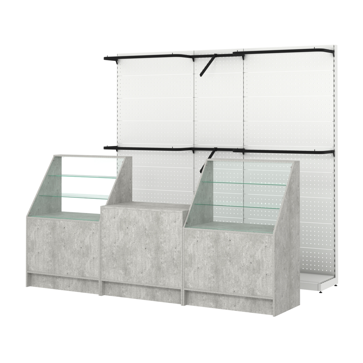 Комплект стеллажей с комбо поручнями и прилавков ЭК-7 для торговли одеждой №12 Метрополитан Грей