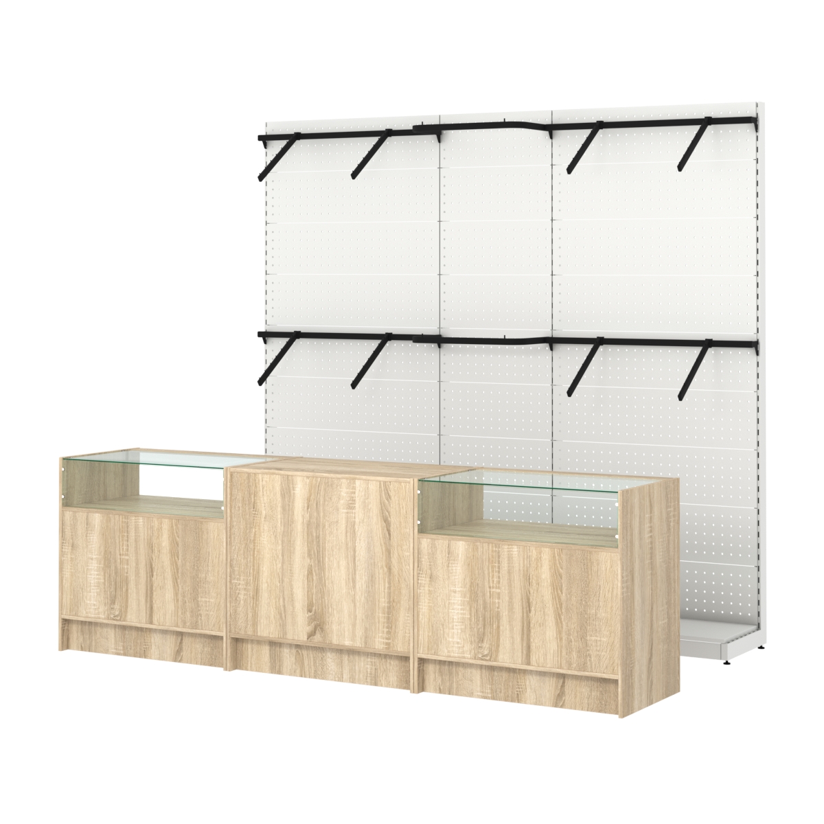 Комплект стеллажей с поручнями П-П и прилавков ЭК-2 для торговли одеждой №13 Дуб сонома