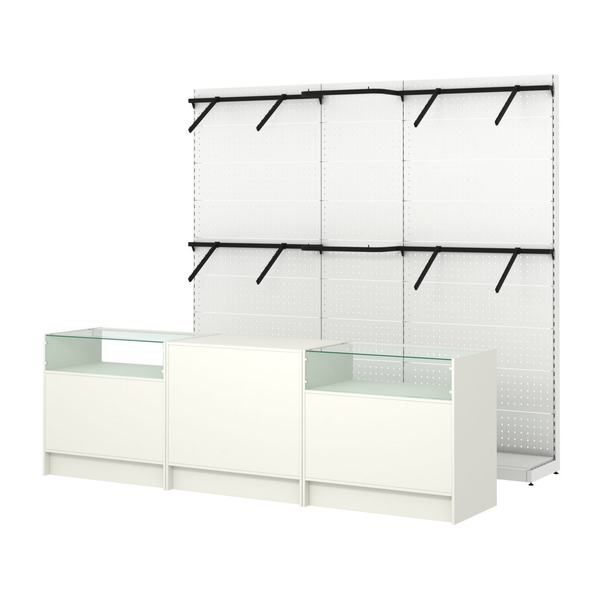 Комплект стеллажей с поручнями П-П и прилавков ЭК-2 для торговли одеждой №13 Белый