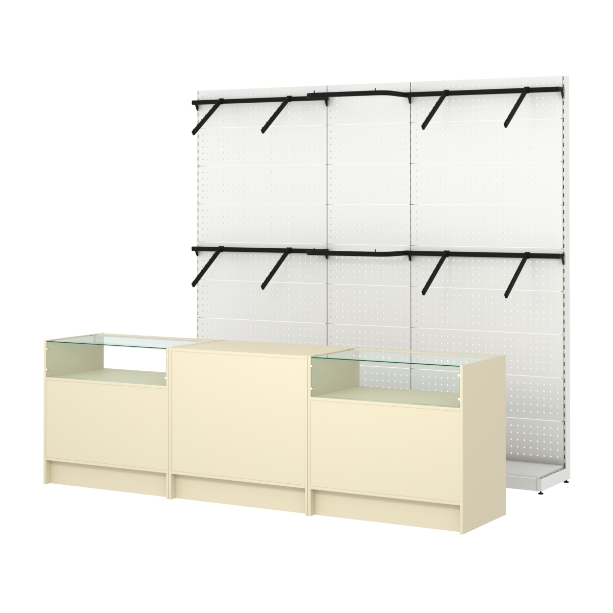 Комплект стеллажей с поручнями П-П и прилавков ЭК-2 для торговли одеждой №13 Крем Вайс