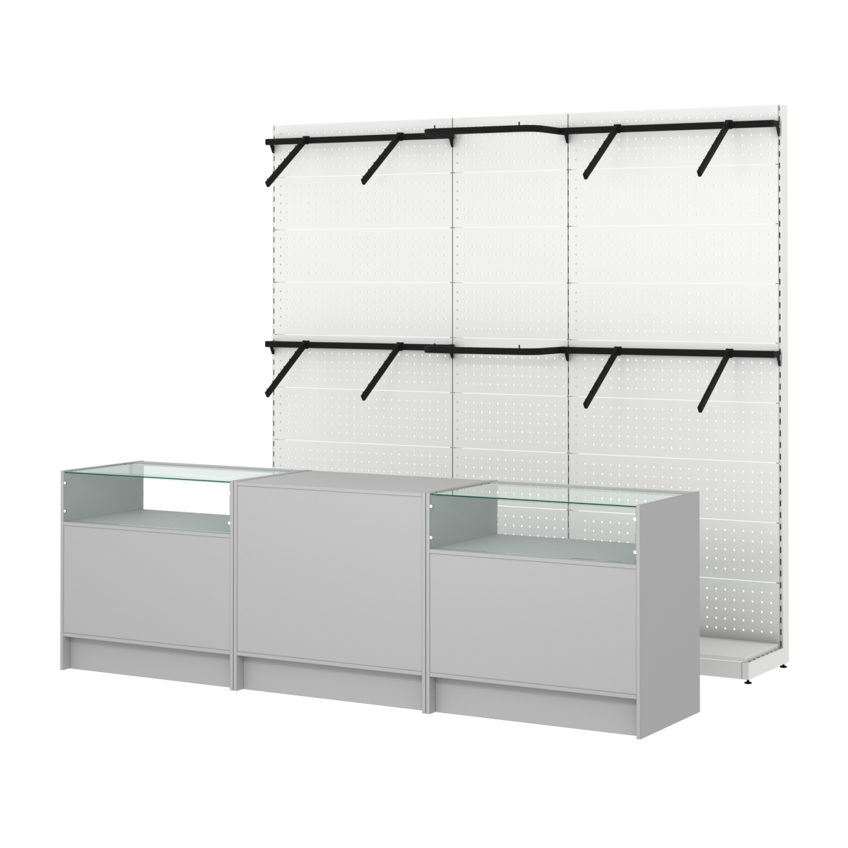 Комплект стеллажей с поручнями П-П и прилавков ЭК-2 для торговли одеждой №13 Серый