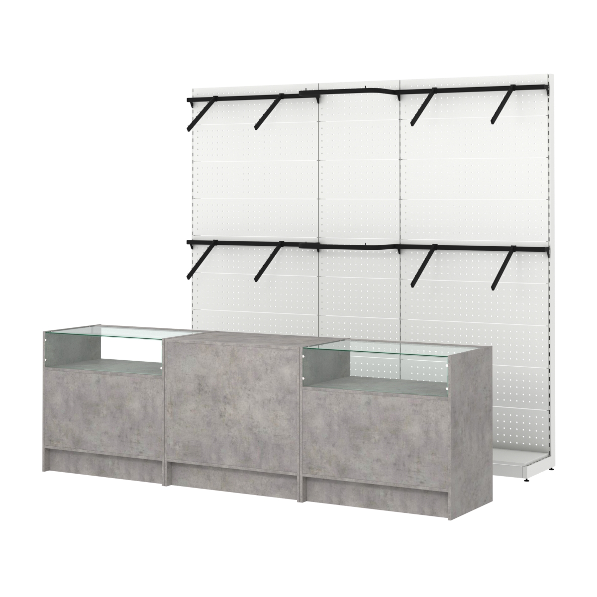 Комплект стеллажей с поручнями П-П и прилавков ЭК-2 для торговли одеждой №13 Бетон Чикаго светло-серый F186 ST9