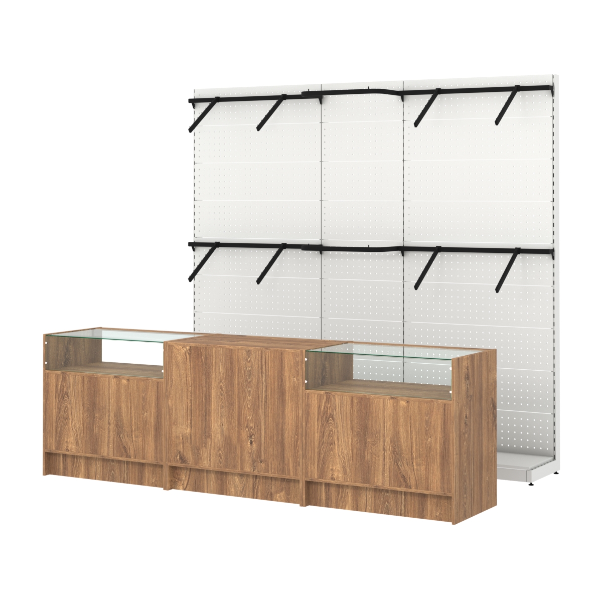 Комплект стеллажей с поручнями П-П и прилавков ЭК-2 для торговли одеждой №13 Дуб Канзас коричневый