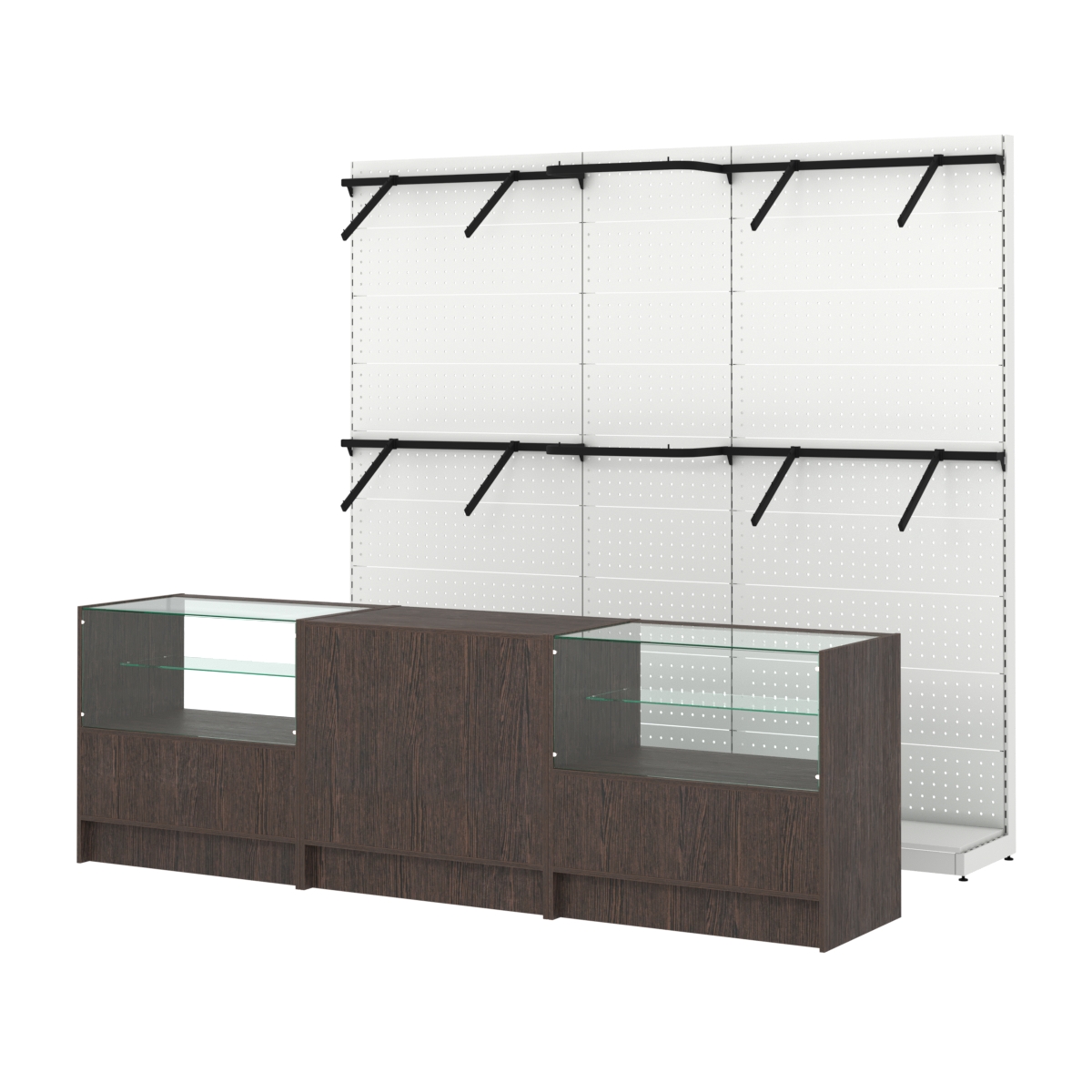 Комплект стеллажей с поручнями П-П и прилавков ЭК-3 для торговли одеждой №14 Дуб Венге