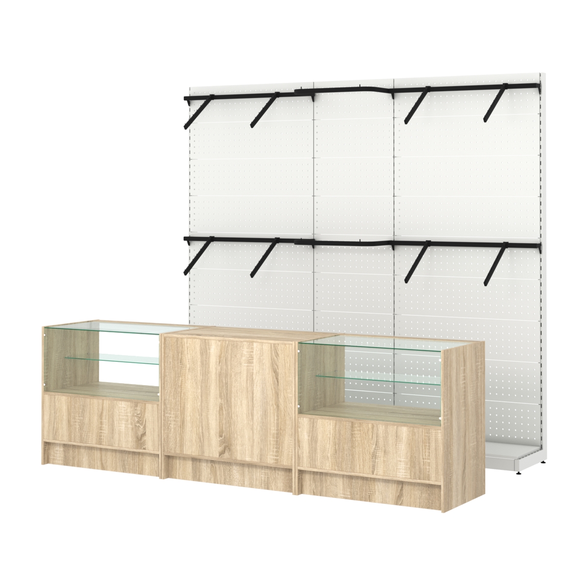 Комплект стеллажей с поручнями П-П и прилавков ЭК-3 для торговли одеждой №14 Дуб сонома