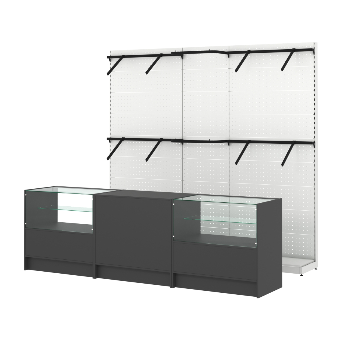 Комплект стеллажей с поручнями П-П и прилавков ЭК-3 для торговли одеждой №14 Черный