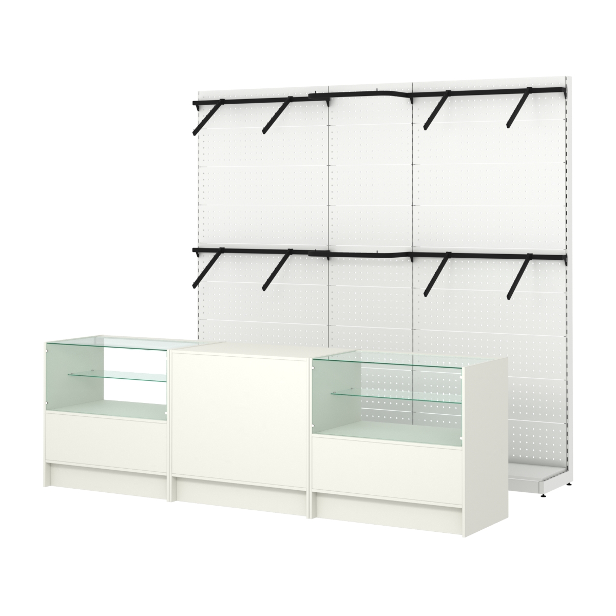 Комплект стеллажей с поручнями П-П и прилавков ЭК-3 для торговли одеждой №14 Белый