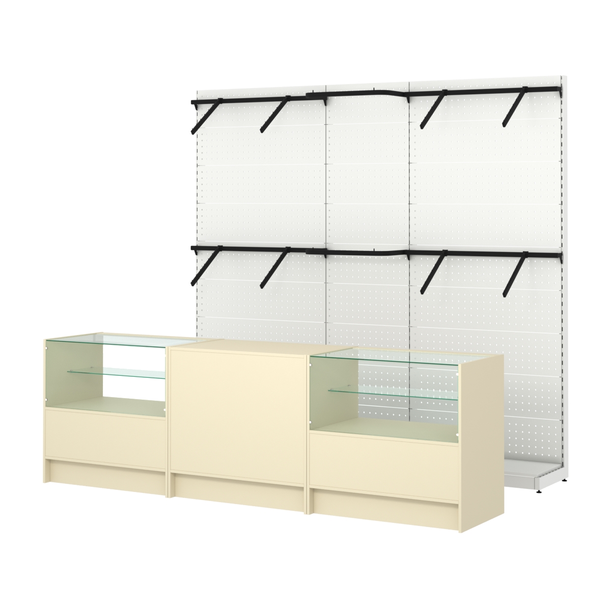 Комплект стеллажей с поручнями П-П и прилавков ЭК-3 для торговли одеждой №14 Крем Вайс