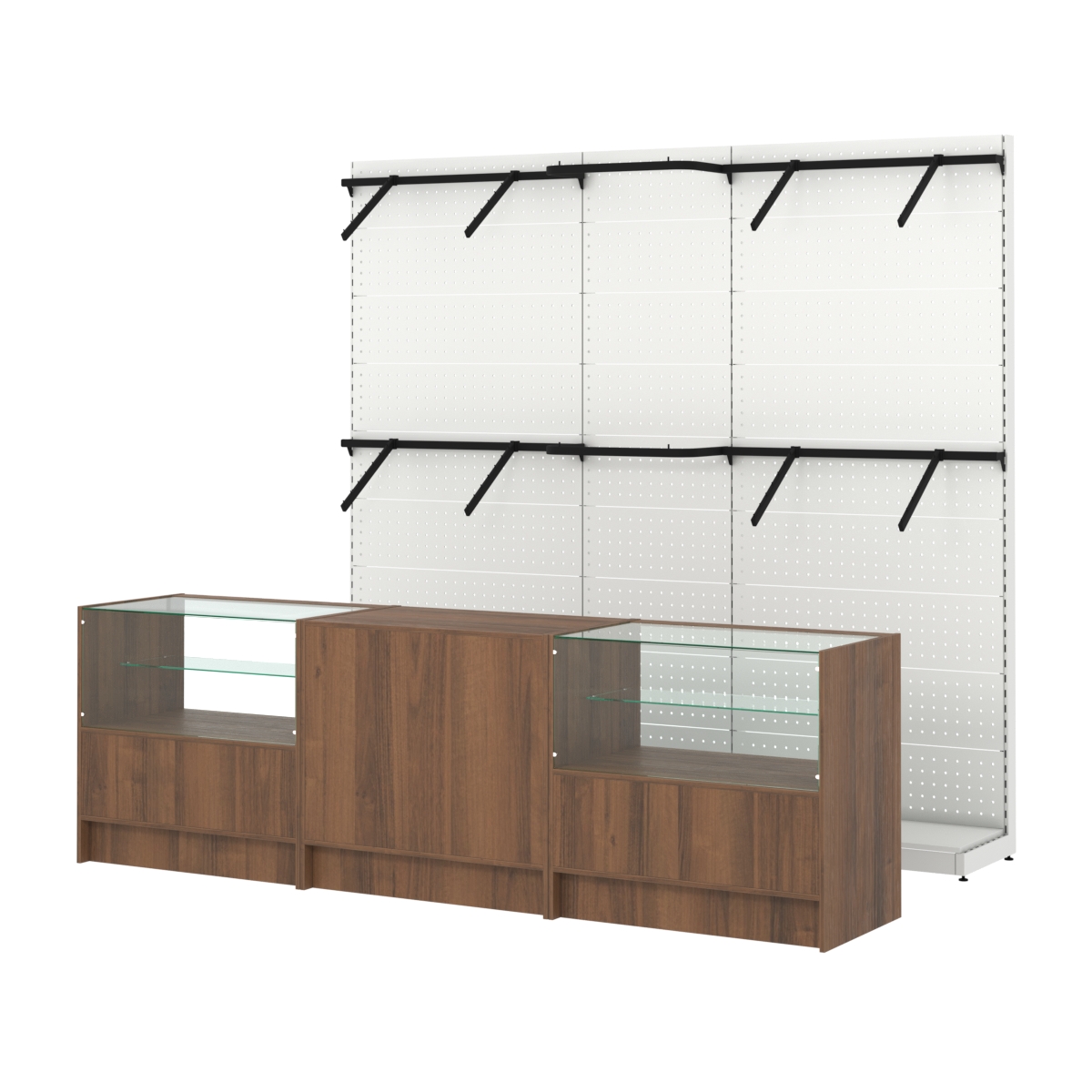 Комплект стеллажей с поручнями П-П и прилавков ЭК-3 для торговли одеждой №14 Орех