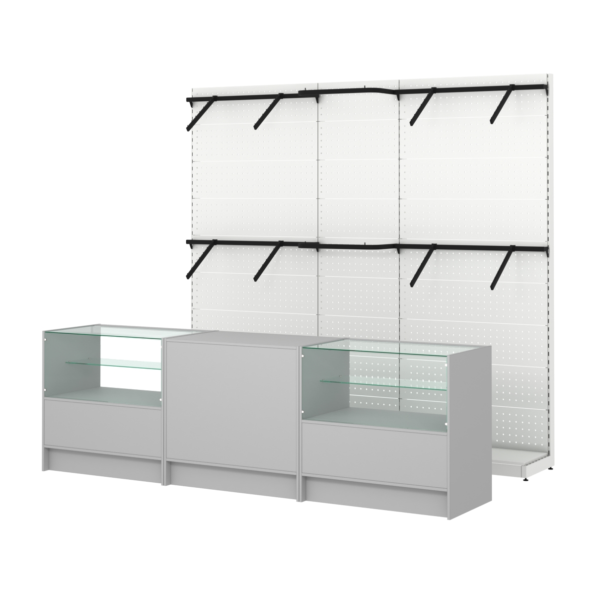 Комплект стеллажей с поручнями П-П и прилавков ЭК-3 для торговли одеждой №14 Серый