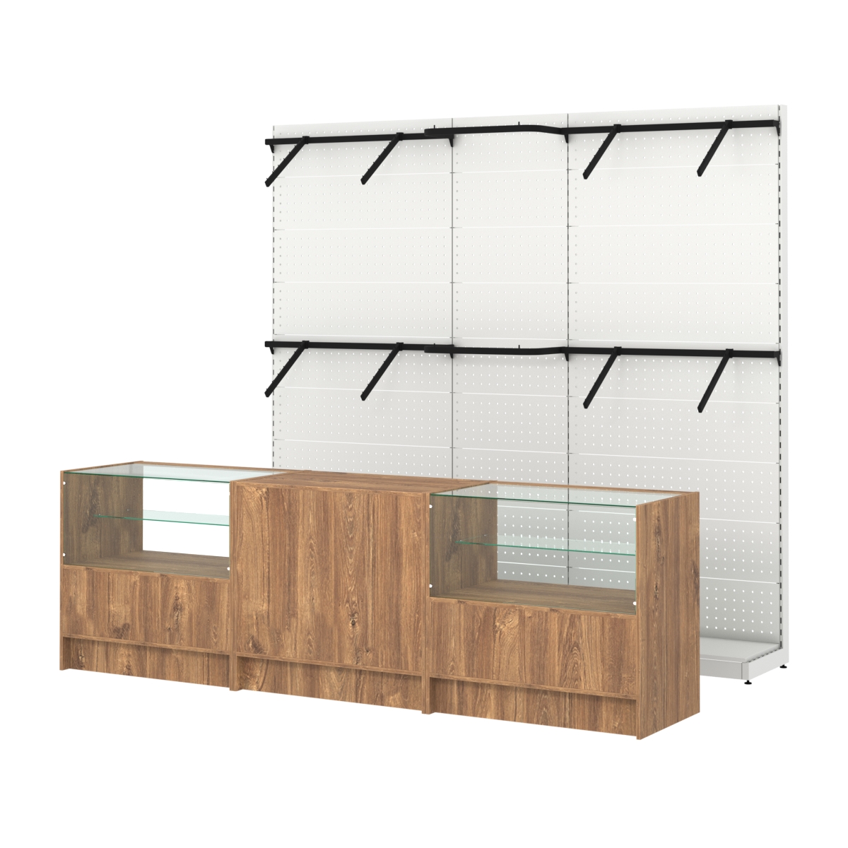 Комплект стеллажей с поручнями П-П и прилавков ЭК-3 для торговли одеждой №14 Дуб Канзас коричневый