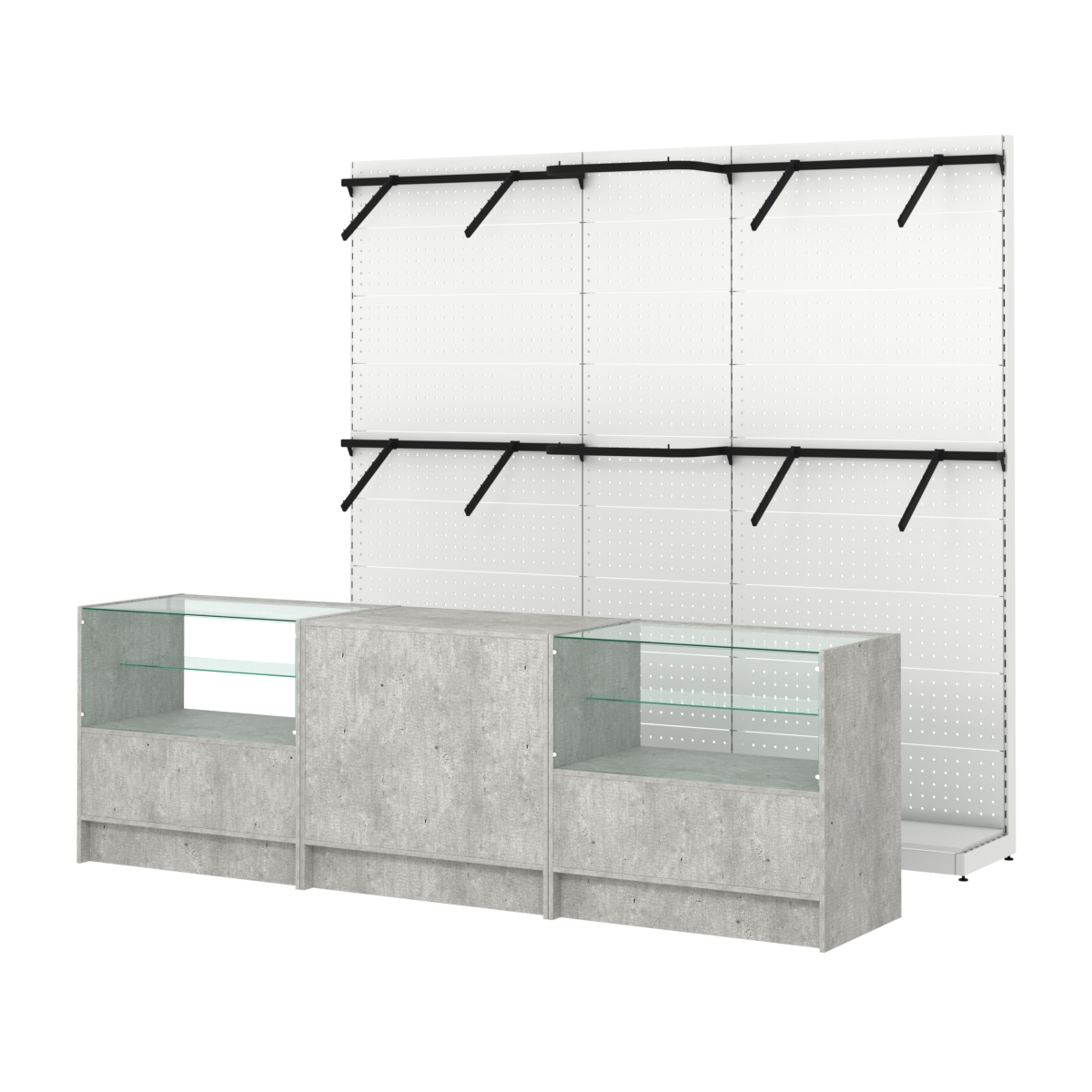 Комплект стеллажей с поручнями П-П и прилавков ЭК-3 для торговли одеждой №14 Метрополитан Грей