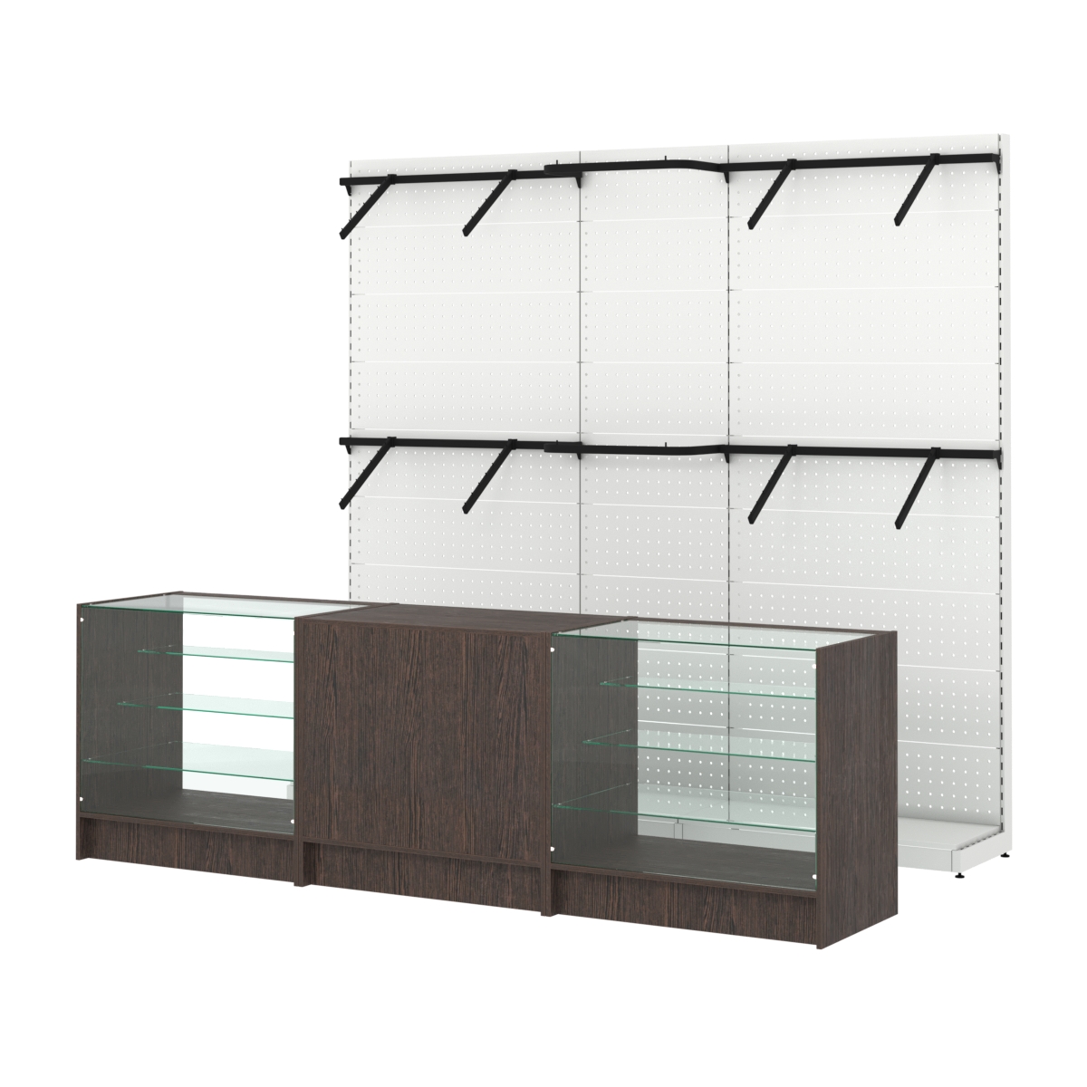 Комплект стеллажей с поручнями П-П и прилавков ЭК-4 для торговли одеждой №15 Дуб Венге