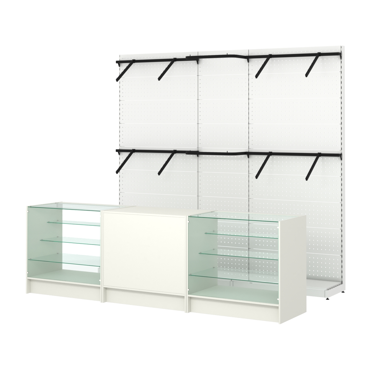 Комплект стеллажей с поручнями П-П и прилавков ЭК-4 для торговли одеждой №15 Белый