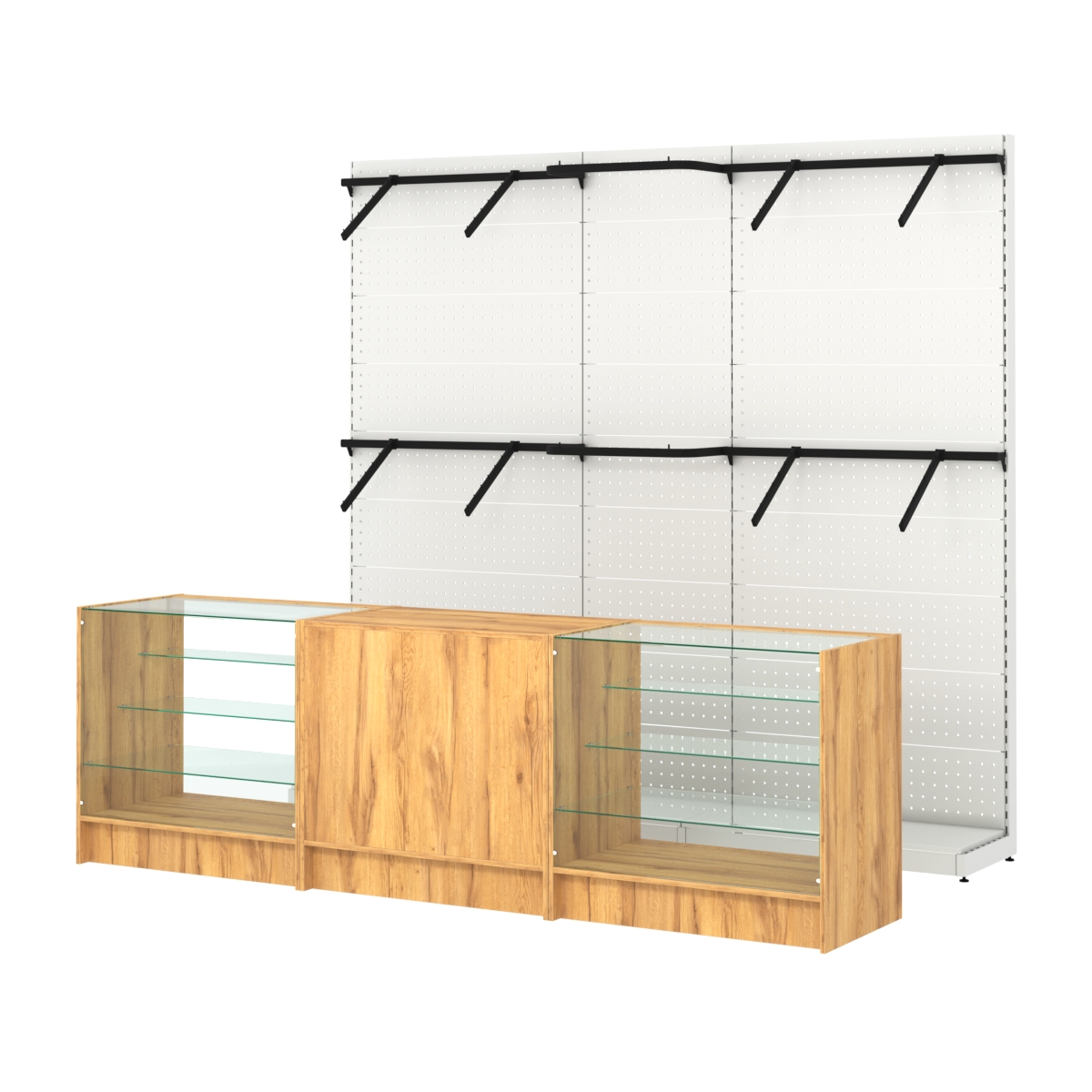 Комплект стеллажей с поручнями П-П и прилавков ЭК-4 для торговли одеждой №15 Дуб Золотистый