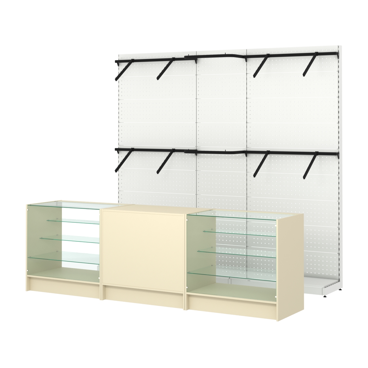 Комплект стеллажей с поручнями П-П и прилавков ЭК-4 для торговли одеждой №15 Крем Вайс